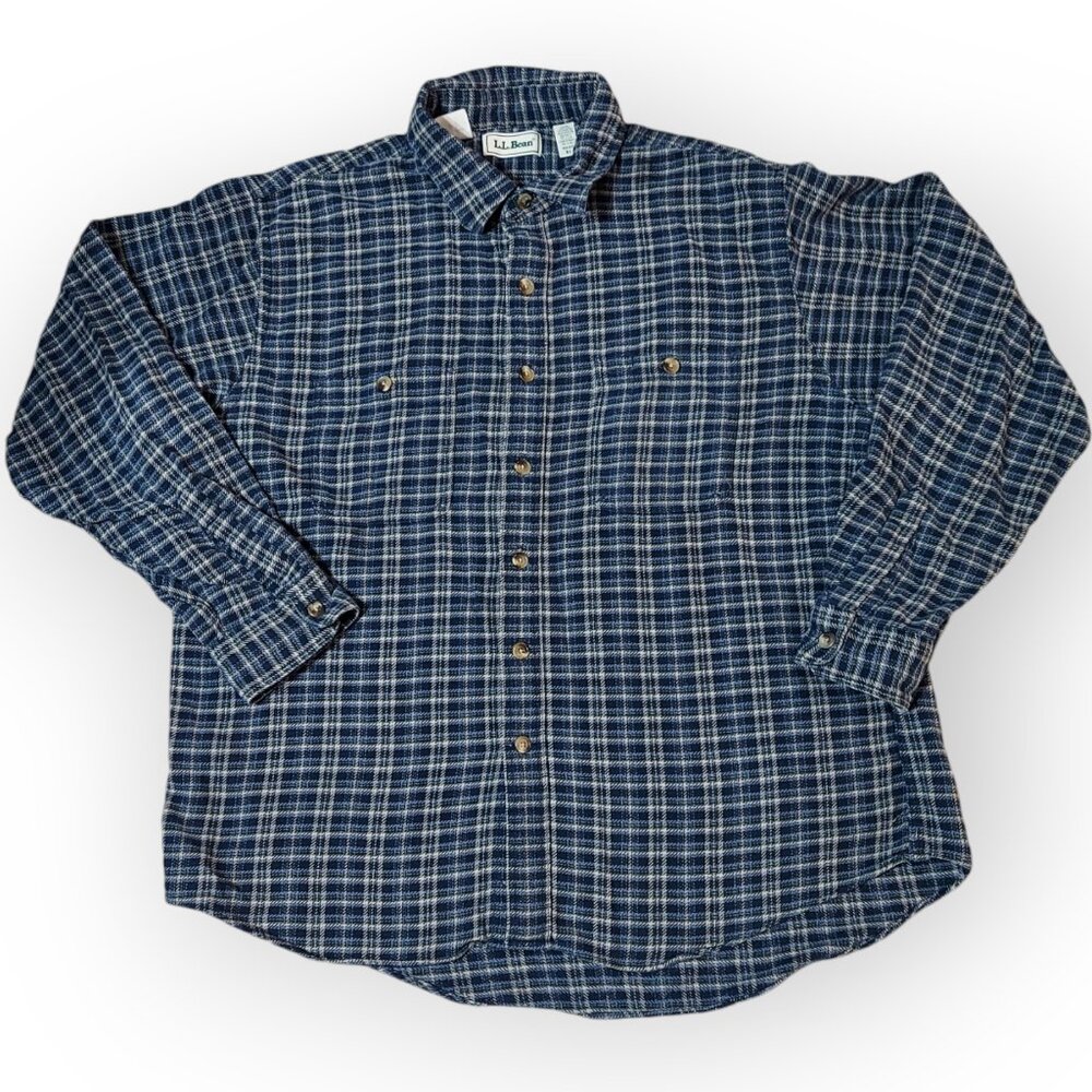 LL Bean Button Up Shirt Men Classic Blue Plaid Flannel Cotton Long Sleeve Sz XL